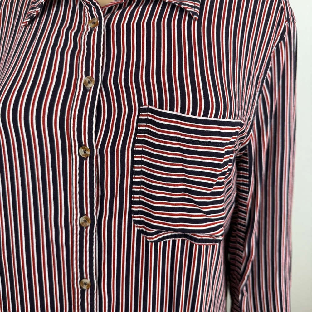 Maeve Anthropologie Adelaide Navy Red Striped Poplin Button Down Hi-Lo Sz Large - Picture 3 of 9